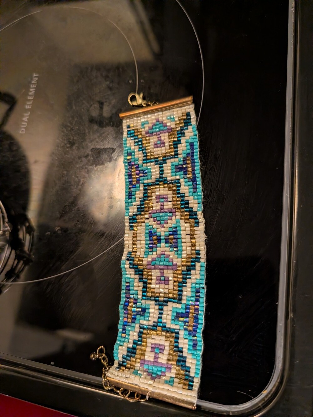 Colorful Geometric Seed Bead Bracelet in Turquoise, White, Gold & Purple